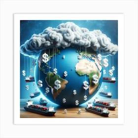 Photo Illustration_ A large globe sits on a wooden table with various major cities highlighted by tiny price tag icons. Around the globe, multiple car Art Print