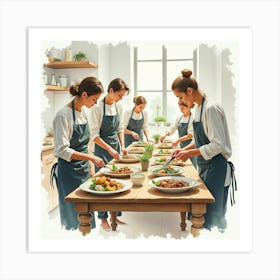 An English Cooking Class With People Preparing Traditional Dishes, Watercolor 1 Art Print