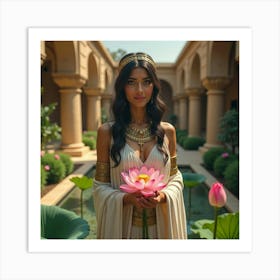 Beautiful Egyptian Goddess Holding Lotus Flowers In A Serene Temple Garden Art Print