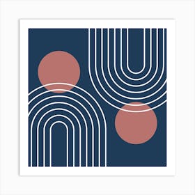 Mid Century Modern Geometric In Navy Blue And Marsala (Rainbow And Sun Abstract) 02 Art Print