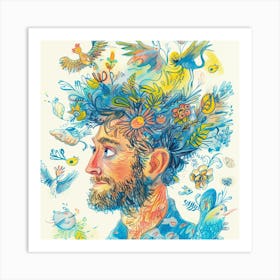 Man With Birds In His Head Art Print