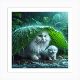 Cat And Kitten In The Rain 1 Art Print