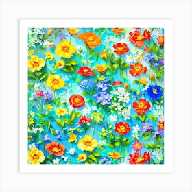 Colorful Flowers On A Blue Background 1 Art Print