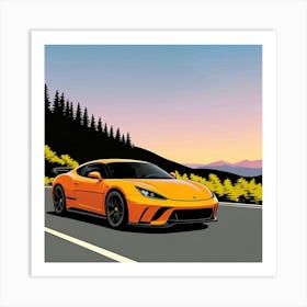 Orange Sports Car On The Road Art Print