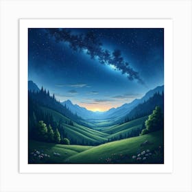 Mystical Watercolor Night Sky Over Enchanted Valley 1 Art Print