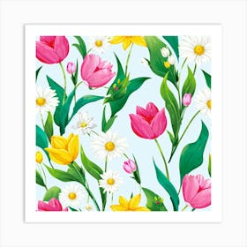 Cartoon Style Digital Painting Of An Isolated Spring Bouquet Featuring Blooming Tulips Roses And D (2) Art Print