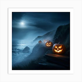 Ghostly Jack O Lanterns Glowing Eerily Beside A Winding Coastal Path Mist Hovering Over The Ocean (3) Art Print