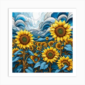 Sunflower harmony in yellow and blue Art Print