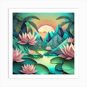 Firefly Beautiful Modern Abstract Lush Tropical Jungle And Island Landscape And Lotus Flowers With A (10) Art Print