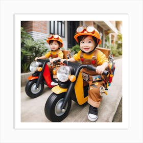 Two Asian Children On Motorcycles Art Print