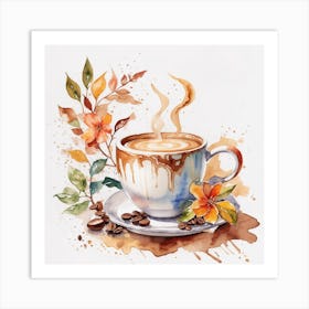 Coffee And Flowers Watercolor Painting Art Print