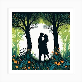 Love Story, Silhouettes Of Two People Hugging Surrounded By Elements Of Nature Flowers Trees Growing , Silhouette Of Couple In The Forest Art Print