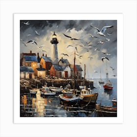 0 Oil Painting Of A Bustling Harbor Town, With Fishi Esrgan  Art Print