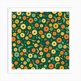 Green And Orange pattern, A Pattern Featuring Fruit like Shapes And Mustard Rustic Green And Orange Colors, Flat Art, 122 Art Print