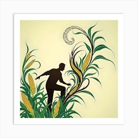 Man harvesting corn,Brown, Green & Yellow Art Print