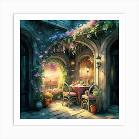Quiet and attractive dining nook, overgrown flowers, high quality, detailed, highly 3D, elegant carved cart, 7 Art Print