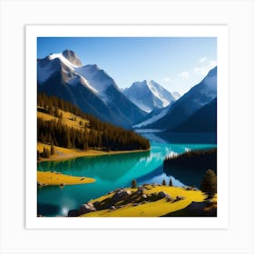 Tranquil Waters and Towering Peaks: A Serene Lake Amidst Mountains Art Print