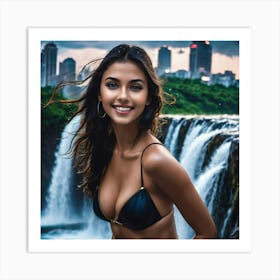 Beautiful Woman In Bikini In Front Of Waterfall yhh Art Print