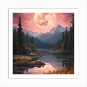 Full Moon Over Lake Art Print