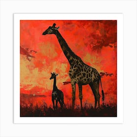 Giraffe & Calf In The Sunset Red Brushstrokes 1 Art Print