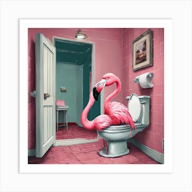 Flamingo In Bathroom 2 Art Print