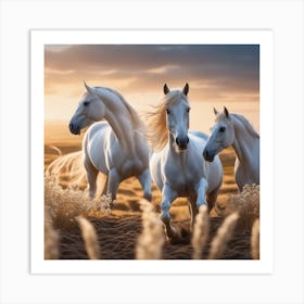 Three White Horses Running At Sunset Art Print