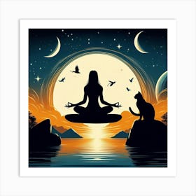 Meditating Woman With Cat Art Print