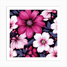 Floral Fantasia A Vibrant Pattern Bursting With Baby Pink White And Dark Pink flowers Pink Flowers On Black Background Art Print