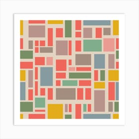 UTOPIA Abstract Geometric Color Block Grid in Retro Vintage Coral Orange Blush Yellow Pink Blue Green Gray Art Print