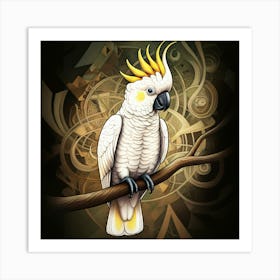 Illustration Of A Cockatoo With A Yellow Crest On A Branch Against An Abstract, Patterned Background Art Print