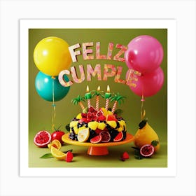 Feliz cumple and Feliz cumpleaños sign means Happy Birthday in Spanish language, Birthday party celebration gift with birthday cake candle colorful balloons best congratulation over light background wall artFeliz Cumple 59 Art Print