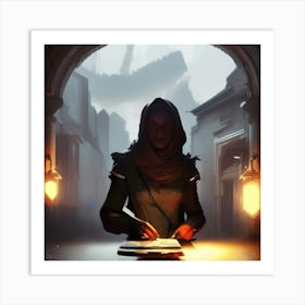 Woman Writing In A Dark Room 1 Art Print