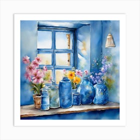 Blue wall. Open window. From inside an old-style room. Silver in the middle. There are several small pottery jars next to the window. There are flowers in the jars Spring oil colors. Wall painting.50 Art Print