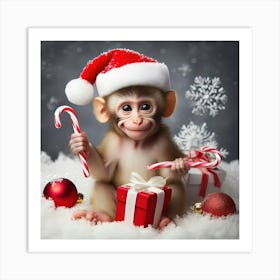 Cute Monkey With A Santa Hat Art Print