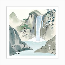 Waterfall In The Mountains ink style 1 Art Print