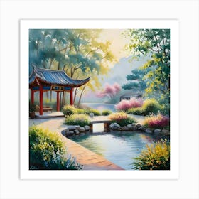 Water Color Oil Painting Of A Tranquil Zhen Garden 4 Art Print