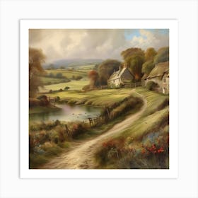 Country Road.An elaborate work of art about nature in the countryside of old England, antique oil colours, the touch of a creative artist. Art Print