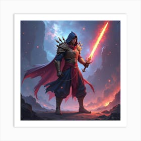 Fierce Fighter With A Glowing Sword, Colorful Magical Backdrop 1 Art Print