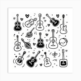 A Minimalistic Vector Icon Set Of Guitar, Black On White, Handdrawn Doodle Icon Poster