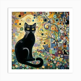 Black Cat In A Garden, Klimt Style 2 Art Print