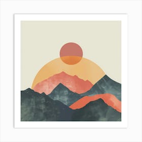 A Hand Drawn Pastel Minimalist Illustration Of A Sunset In The Mountains Art Print