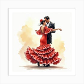 Spanish Flamenco Performance Captured In Expressive Watercolor Strokes Art Print