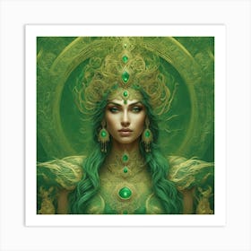 In All Pantone Contrasting Shades Of Green Only With A Large Golden Trident Ethereal Hindu Beaut Art Print