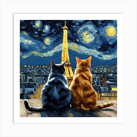 Eiffel Tower Paris Starry Night with cats Art Print