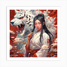 beatiful Asian Girl With big white Tiger Art Print