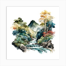 Watercolor Of A Waterfall In The Jungle Art Print