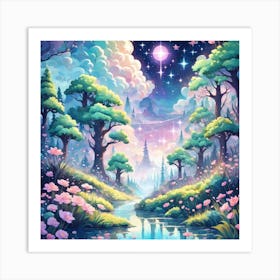 A Fantasy Forest With Twinkling Stars In Pastel Tone Square Composition 101 Art Print