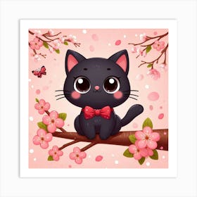 Cute Black Cat With Cherry Blossoms Art Print