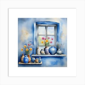 Blue wall. Open window. From inside an old-style room. Silver in the middle. There are several small pottery jars next to the window. There are flowers in the jars Spring oil colors. Wall painting.6 Art Print