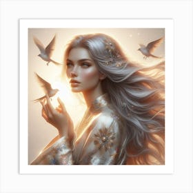 Chinese Girl With Birds Art Print